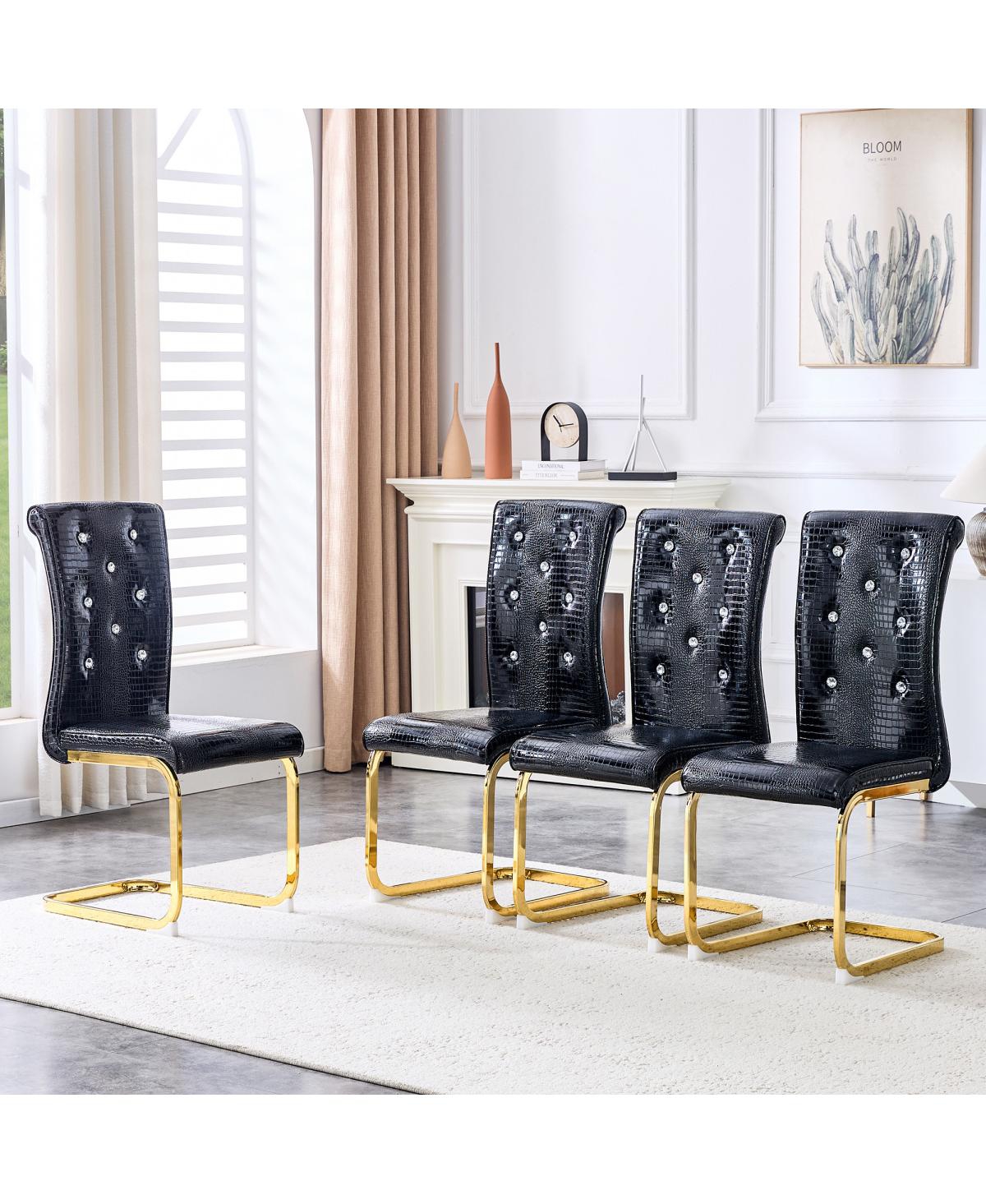 Streamdale Furniture Set of 4 Retro Alligator Upholstered Dining Chairs with Crystal Buckle & Gold Legs