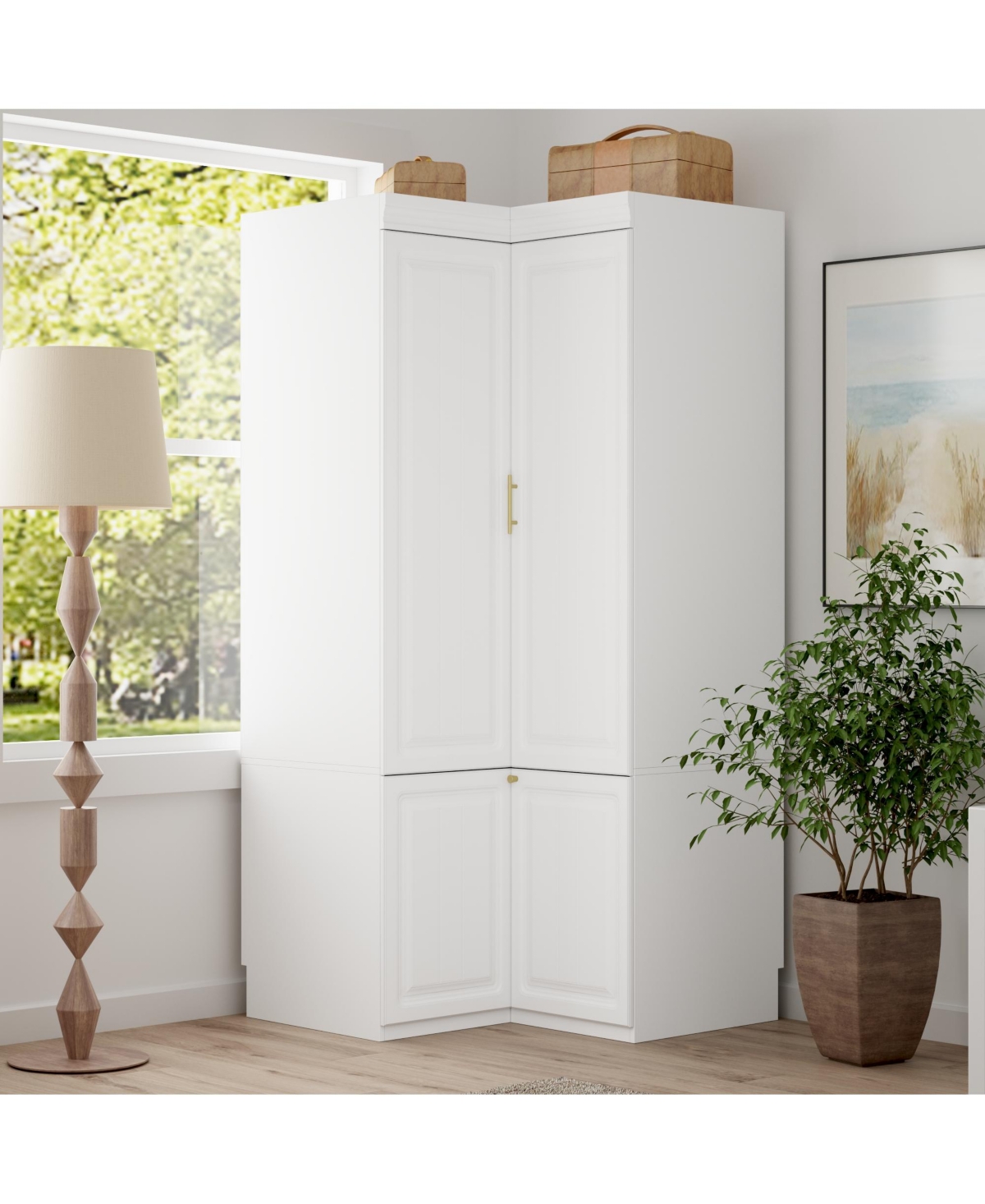 Famapy White Wood -Door Corner Wardrobe Armoires with Storage Shelves