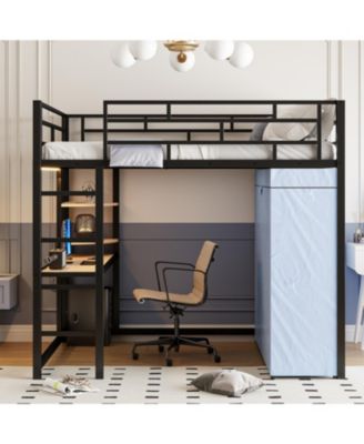 Loft Metal Bed with Desk,Shelves,Power Outlet,LED Light and Wardrobe - Full