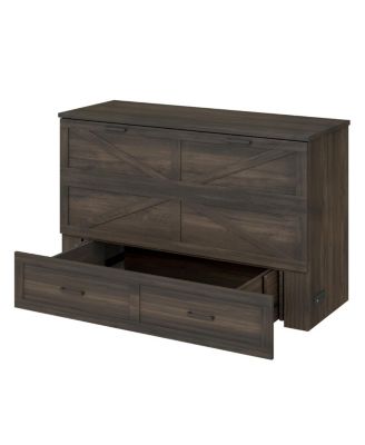 Queen Farmhouse Murphy Cabinet Bed with Charging Station & Storage Drawer