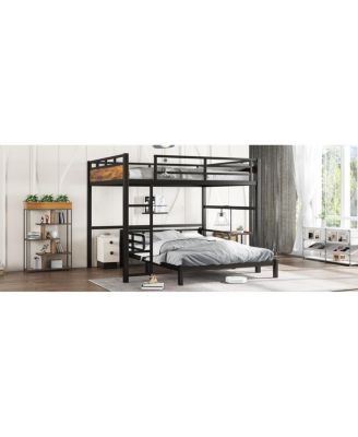  Queen over Queen Metal Bunk/Loft Bed with Security Fence, Vintage Wood-Colored