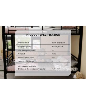 Twin Over Twin Metal Bunk Bed with Ladders & Guardrail, Convertible 2 Beds