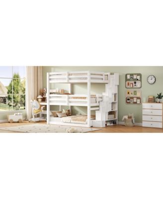 Full Size Triple Bunk Bed with Storage Staircase, Separate Design