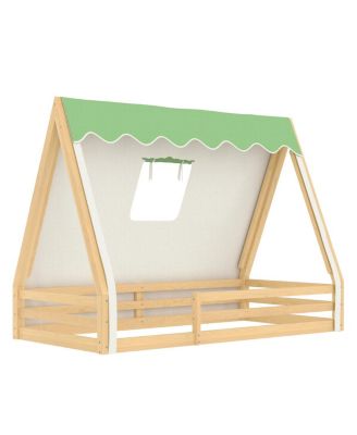 Twin Size House Floor Bed with Tent and Light, Solid Wood Teepee Design