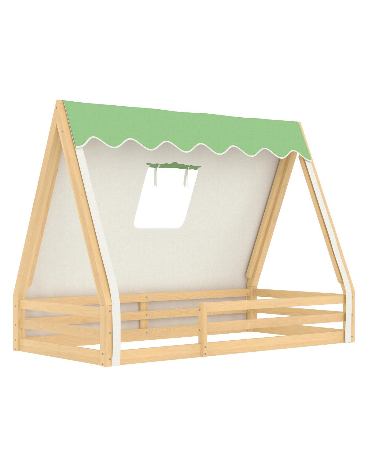 Streamdale Furniture Twin Size House Floor Bed with Tent and Light, Solid Wood Teepee Design
