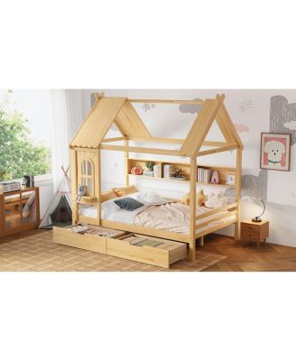 Full House Beds with Storage Drawers and Window, Solid Wood Platform Bed Frame