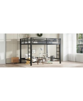 Queen Size Metal Loft Bed with Ladder and Guardrails