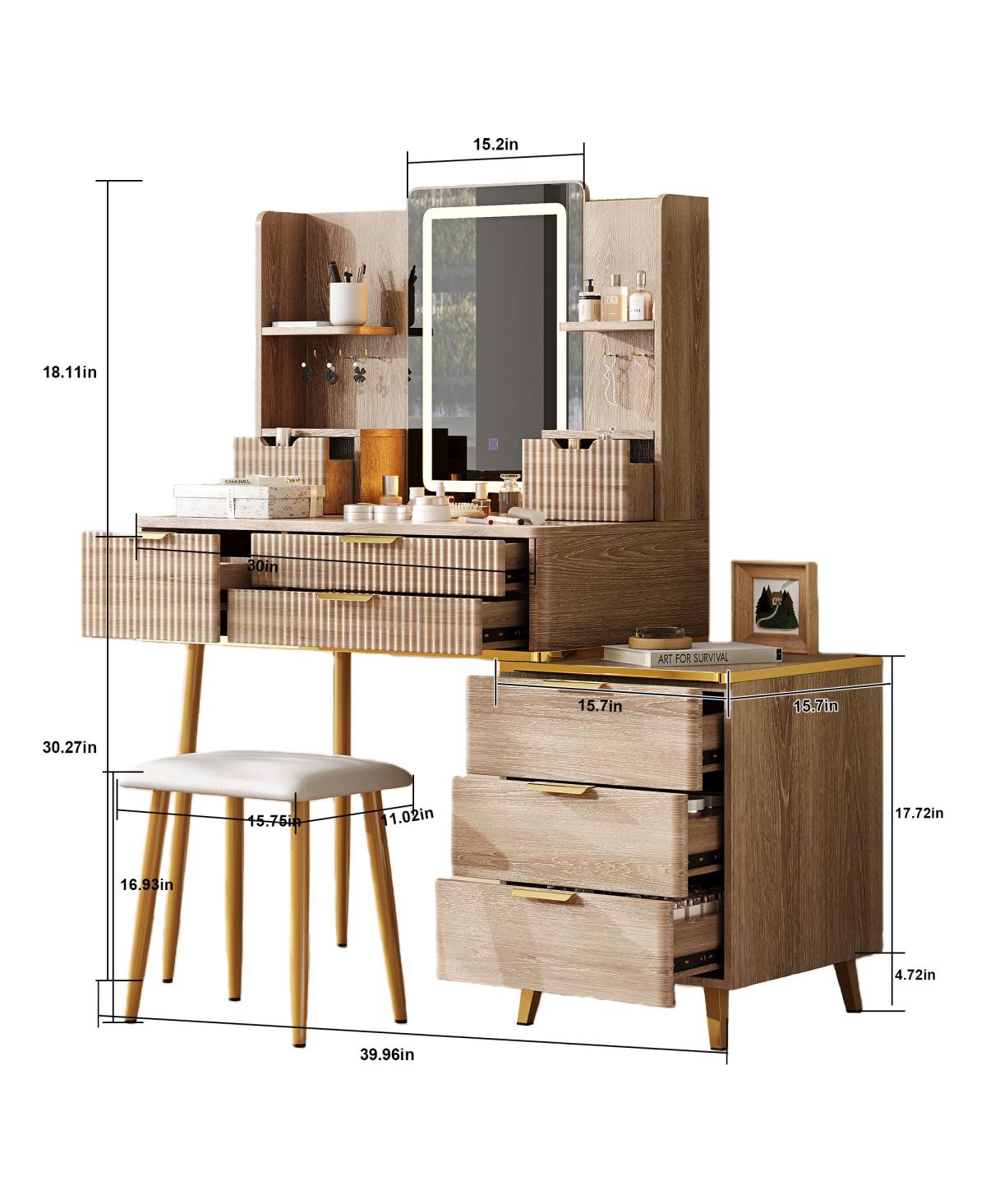 Streamdale Furniture 7-Drawer Vanity Desk with Led Mirror & Carved Details, Makeup Table with Stool