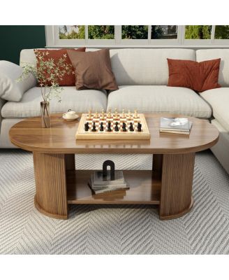Oval Fluted Coffee Table, 47" Farmhouse Wood, Mid-Century 2-Tier with Storage