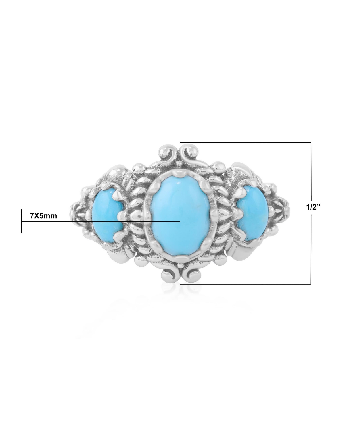 American West Jewelry Sterling Kingman Turquoise 3-Stone Oval Scalloped Bezel Ring, Sizes 5 to 11