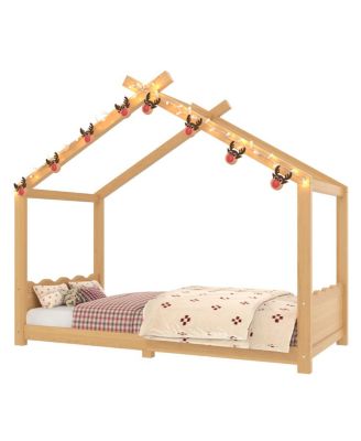 Twin House Floor Bed with Slats, Solid Wood House Bed Frame for Kids
