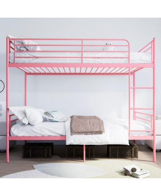 Pink Twin Over Twin Metal Bunk Bed with Ladder, Guardrail, Storage, Noise Free