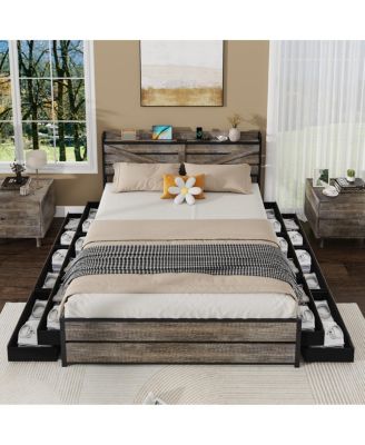 Queen Bed Frame with Storage Headboard & 12 Drawers, Metal Platform