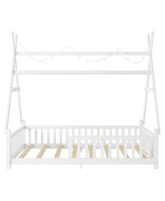 Twin House Bed with Light, Low Floor House Bed with Fence and Roof