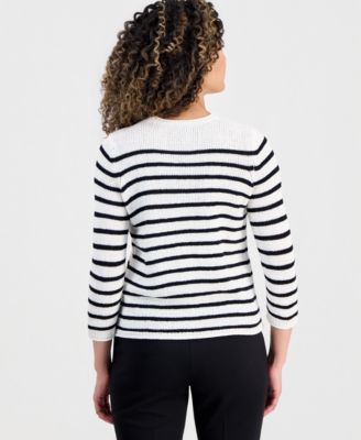 Petite Striped Open Crewneck Sweater