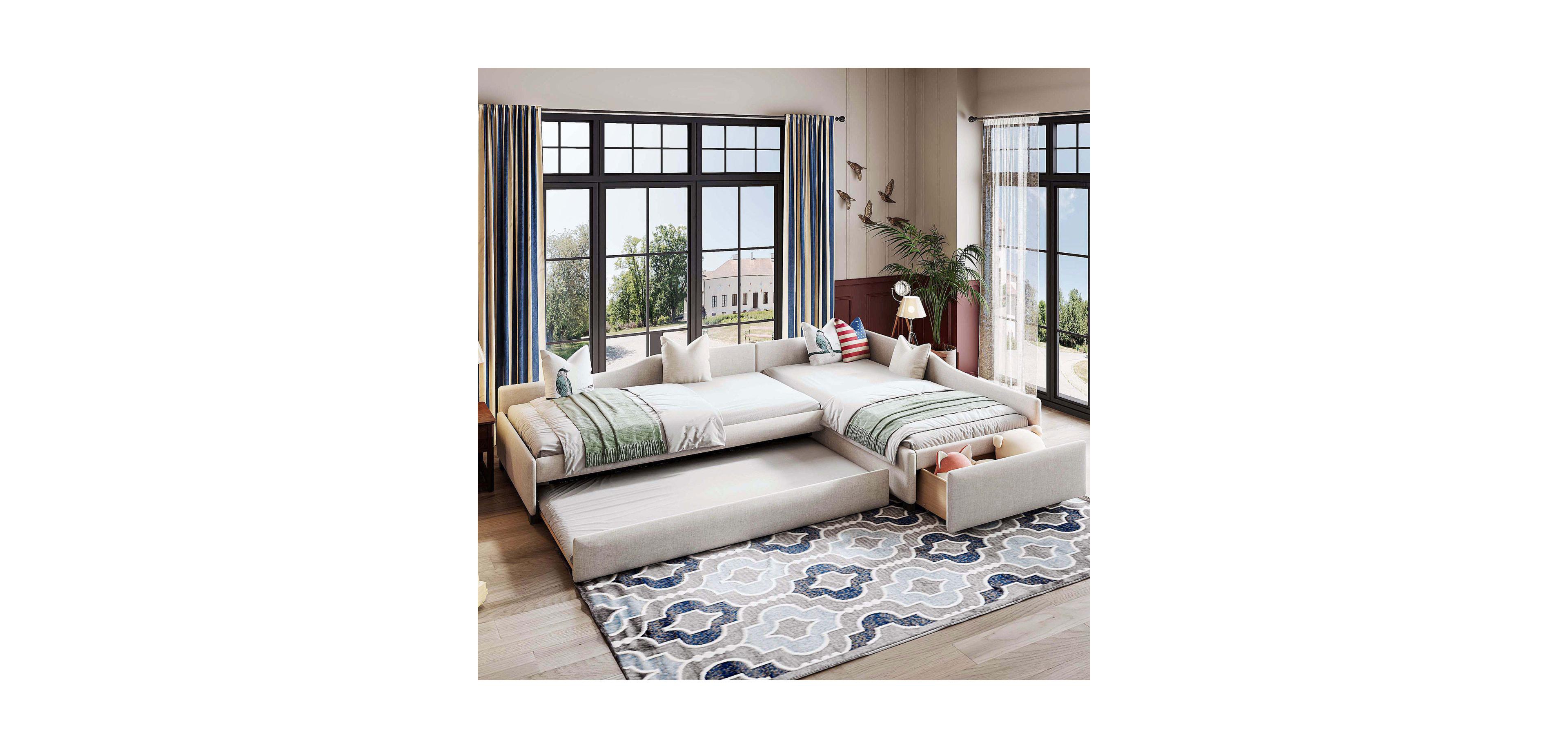 Streamdale Furniture Upholstered Double Twin Size Daybed with Trundle and Drawer