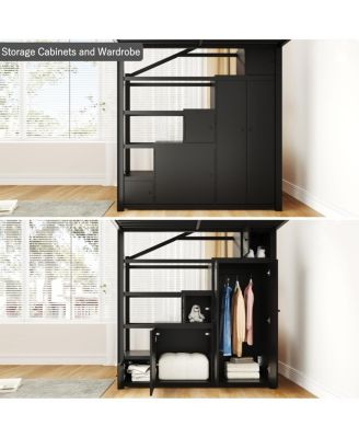 Metal Loft Bed with Storage Shelves, Cabinets and Wardrobe