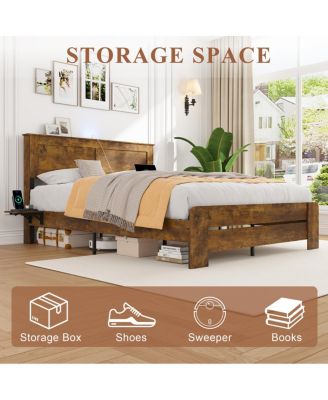 Farmhouse King Bed Frame w/ Storage Shelf, LED Lights & Charging Station