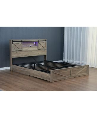 Farmhouse King Bed Frame with LED Lights, Charging Station & Storage Drawers