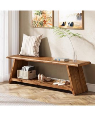 63-Inch Long Solid Wood Entryway Bench, Farmhouse Narrow Shoe Bench Seat, End of Bed with Storage