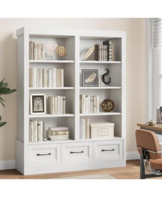 64" Tall Bookshelf with 3 Drawers, 4-Tier Double Wide Open Shelf Bookcase, Large Wooden Storage for Library, Office, Living Room