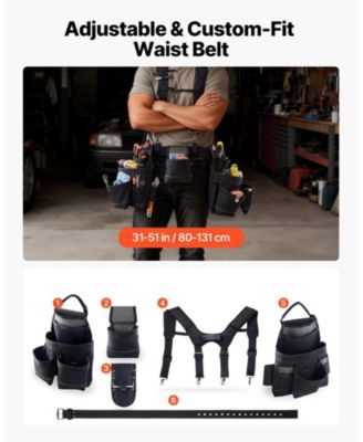 Tool Belt with Suspenders, 19 Pockets Heavy-Duty Tool Pouch, Adjustable Waist 31–51 in, Detachable Suspension Rig