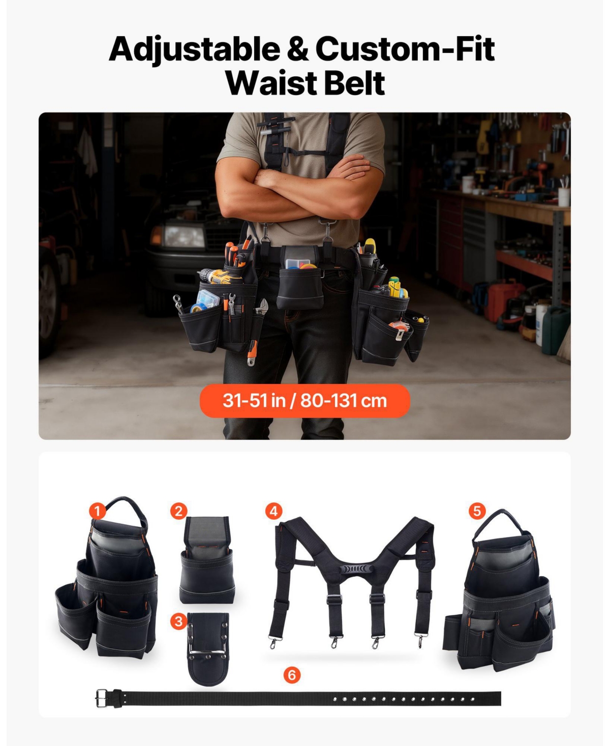 Mecale Tool Belt with Suspenders, 19 Pockets Heavy-Duty Tool Pouch, Adjustable Waist 31–51 in, Detachable Suspension Rig