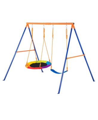 Backyard Swing Set, 440 lbs Load Capacity, A-Frame Metal Swing Stand with Saucer Swing Seat and Belt Swing Seat, Adjustable Rope