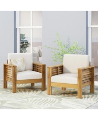Set Of 2 Acacia Wood Club Chairs With Cushions