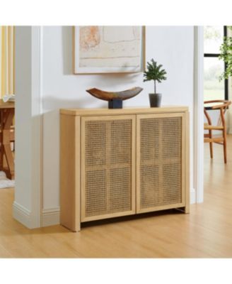 Mid Century Modern Rattan Sideboard Buffet Cabinet with 2 Outlets, Natural