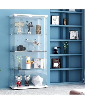 Glass Display Cabinet 4-Shelf 2 Doors with LED Light Lockable White