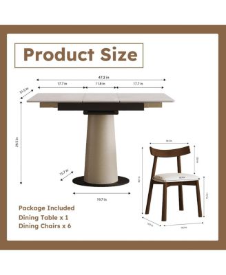 Retractable Rock Slab Dining Table Set, 7-Piece Expandable Table with 6 Chairs & Leather Base