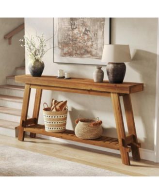 63" Solid Wood Console Table, 2-Tier Farmhouse Entryway & Sofa Table, Brown