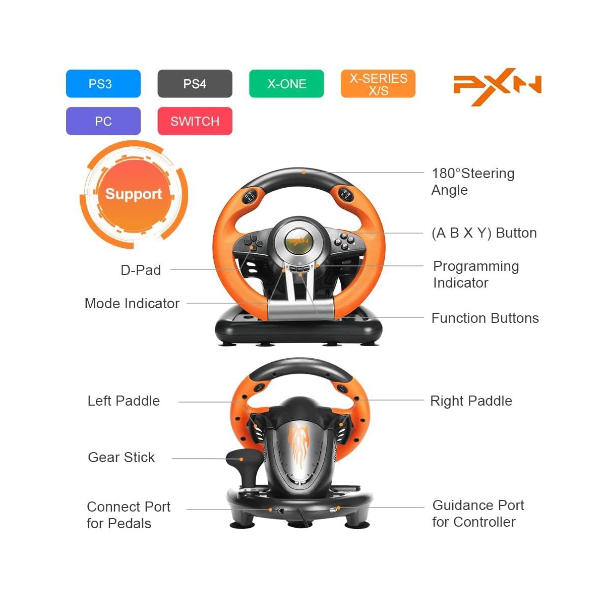 Pxn V3 Pro 180 Usb Orange Racing Wheel With Pedals.