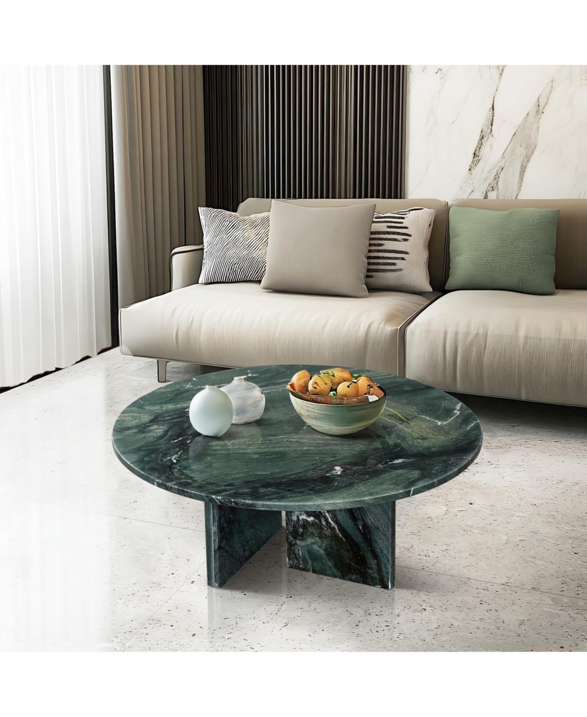 Streamdale Green Marble Coffee Table - Ø27.6" Natural Stone Living Room Table