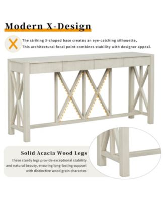  60" Acacia Console Table - Crisscross Design & 4 Drawers