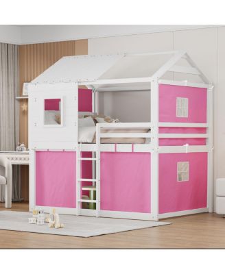 Full Size Bunk Wood House Bed with Tent