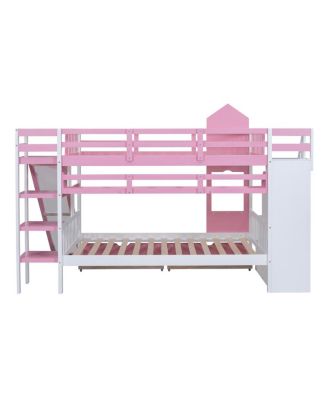 Full-Over-Full Castle Style Bunk Bed with 2 Drawers 3 Shelves and Slide