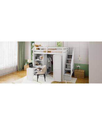 Full Size Loft Bed with Wardrobe, Desk and Shelves