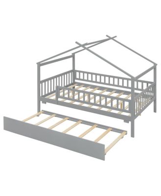 Full Size Wooden House Bed with Twin Size Trundle