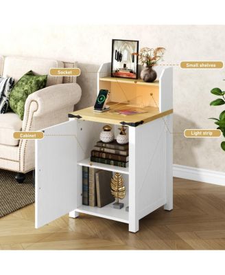  Farmhouse Barn Door Nightstand with Charging Station