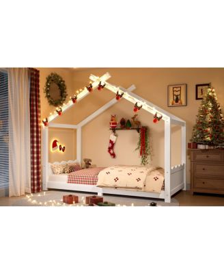 Twin House Floor Bed with Slats, Solid Wood House Bed Frame for Kids, White