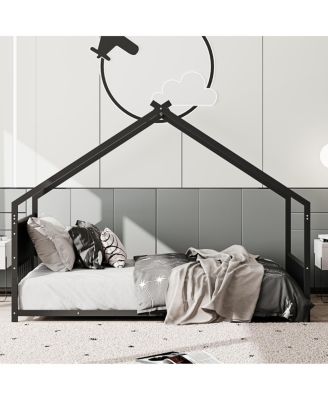 Streamdale Twin Size House Bed with Roof & Lights, Metal Frame, No Box Spring (Black)