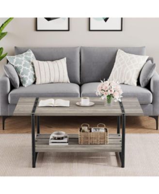 41" Large 2-Tier Gray Wood Coffee Table with Storage Shelf - Farmhouse Modern Rustic Metal Rectangle Center Living Room Coffee Table