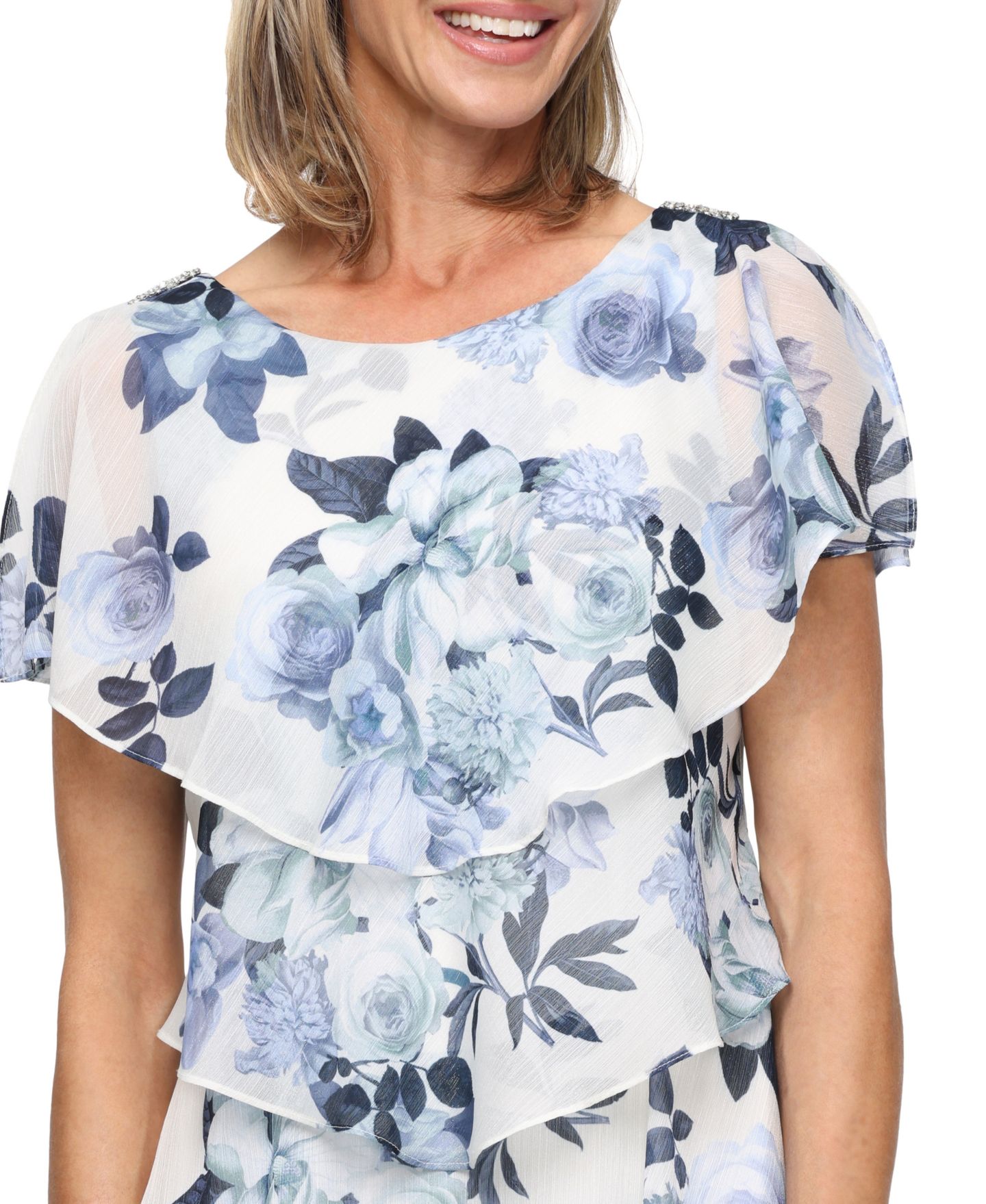Женское платье SL Fashions Tea Length Crewneck Tiered, цвет: Слоновая кость / Синий — фото 2