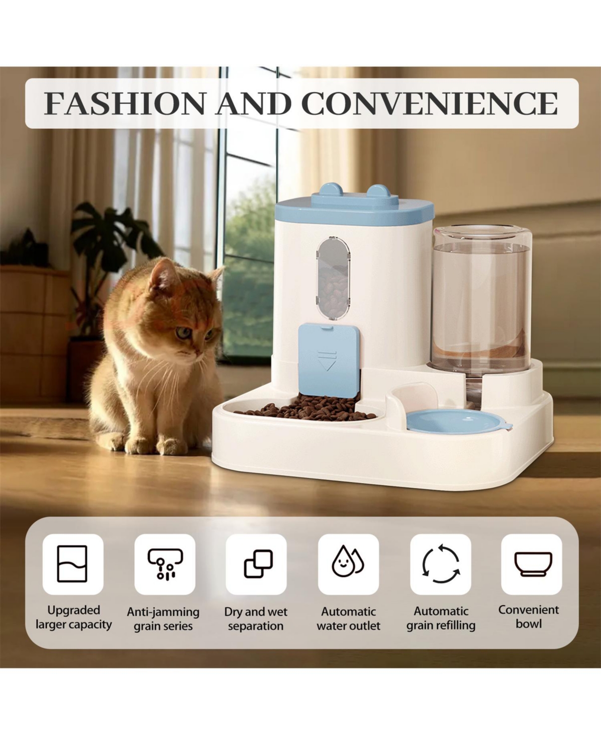 Aostirmotor Cat Ear Automatic Pet Feeder & Waterer, 1500ML Food + 800ML Water, Small Size