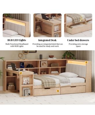 Twin L-shaped Wooden Daybed with Desk, Storage, LED Light