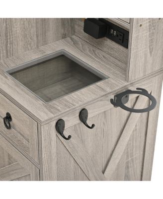 Farmhouse Vanity Desk with Sliding Mirror, Lights, Charging