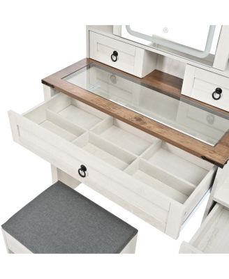 Farmhouse Vanity Desk with Sliding Mirror, Lights, Charging