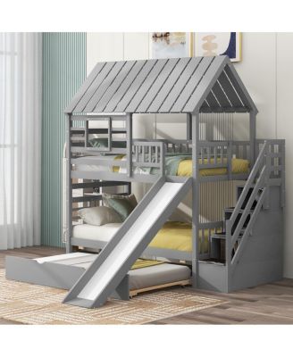 Twin over Twin House Bunk Bed with Trundle, Slide, Stairs, Roof, Window